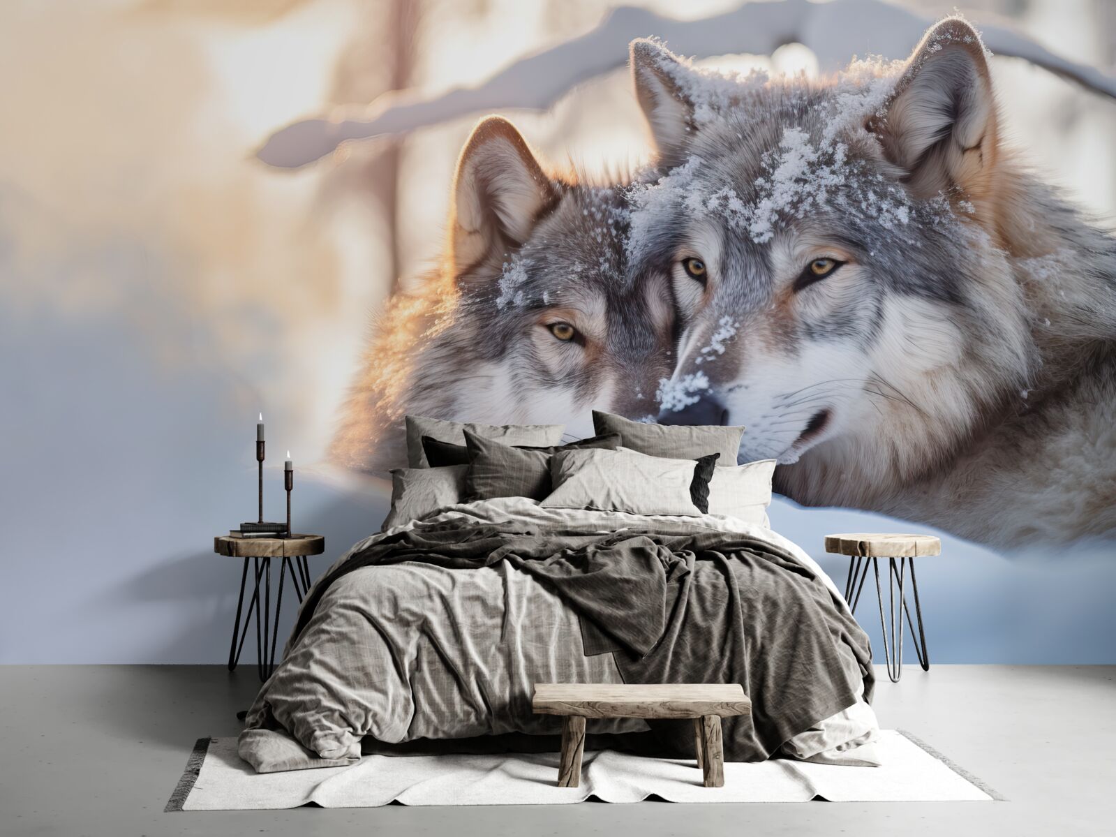 Fotobehang Sneeuwwitte landschappen met grijze wolven in het midden