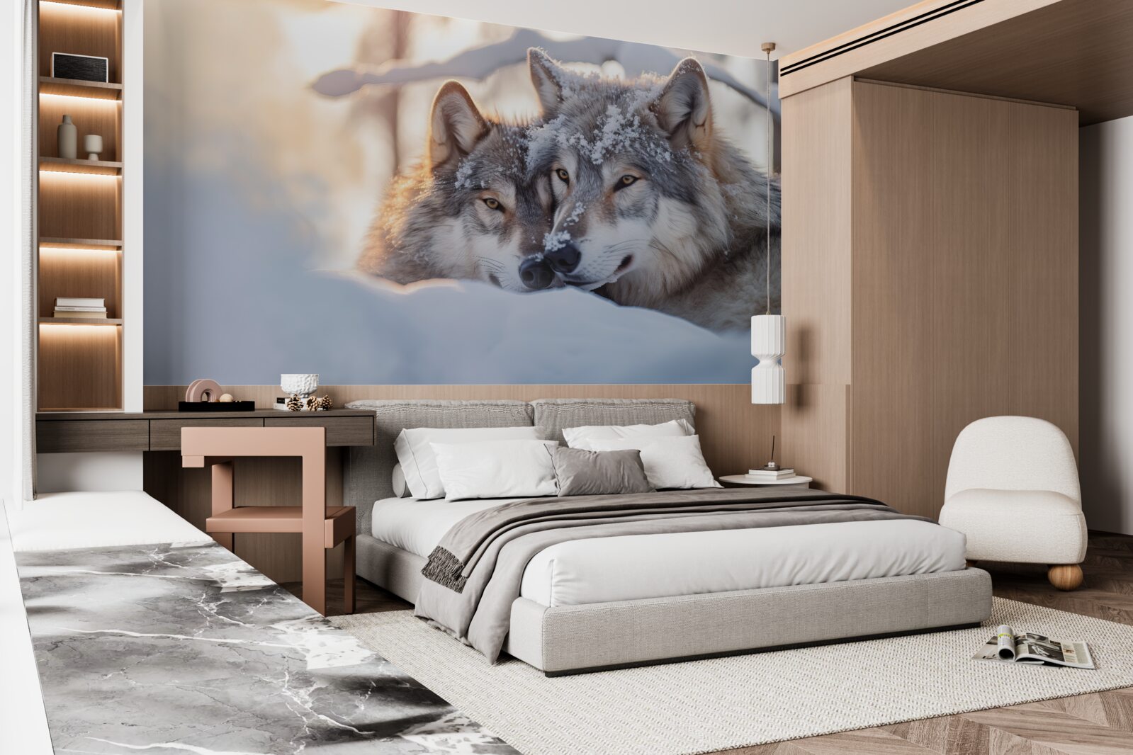 Fotobehang Sneeuwwitte landschappen met grijze wolven in het midden