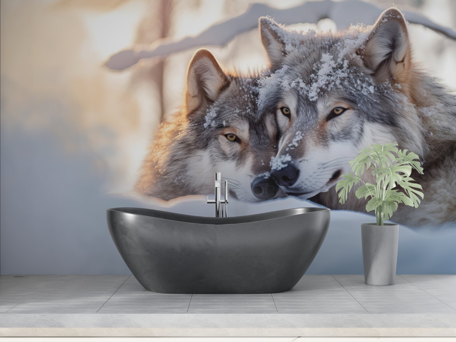 Fotobehang Sneeuwwitte landschappen met grijze wolven in het midden