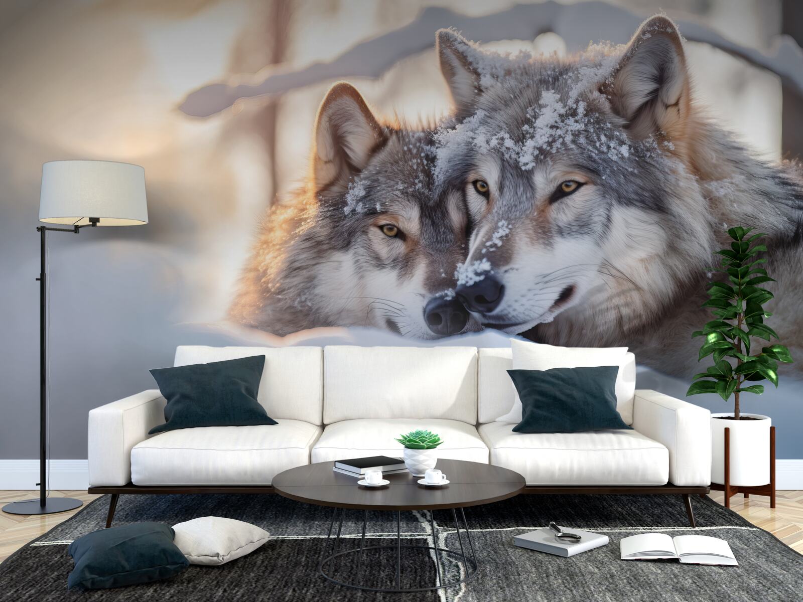 Fotobehang Sneeuwwitte landschappen met grijze wolven in het midden