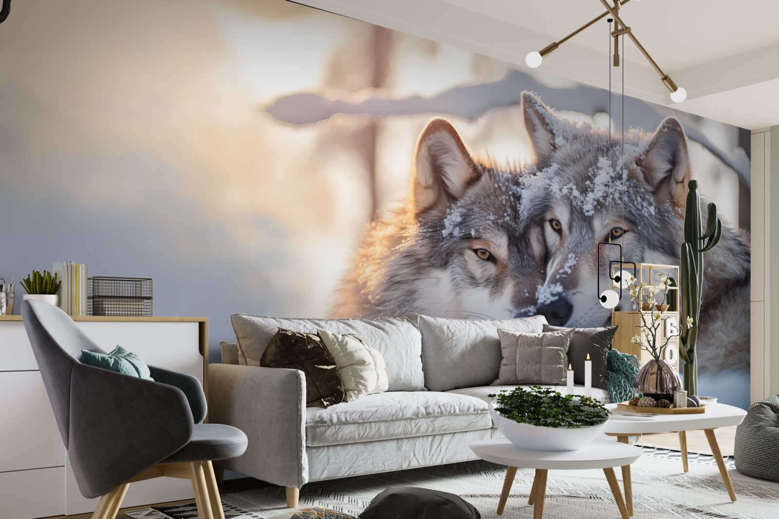 Fotobehang Sneeuwwitte landschappen met grijze wolven in het midden