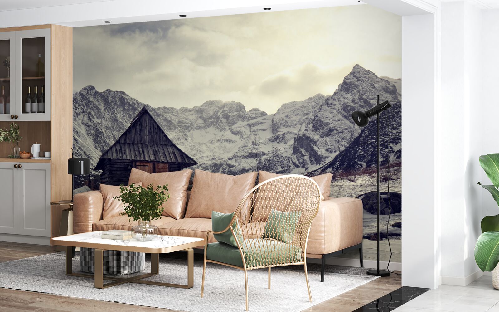 Fotobehang comfortabel huis te midden van ijzige bergen