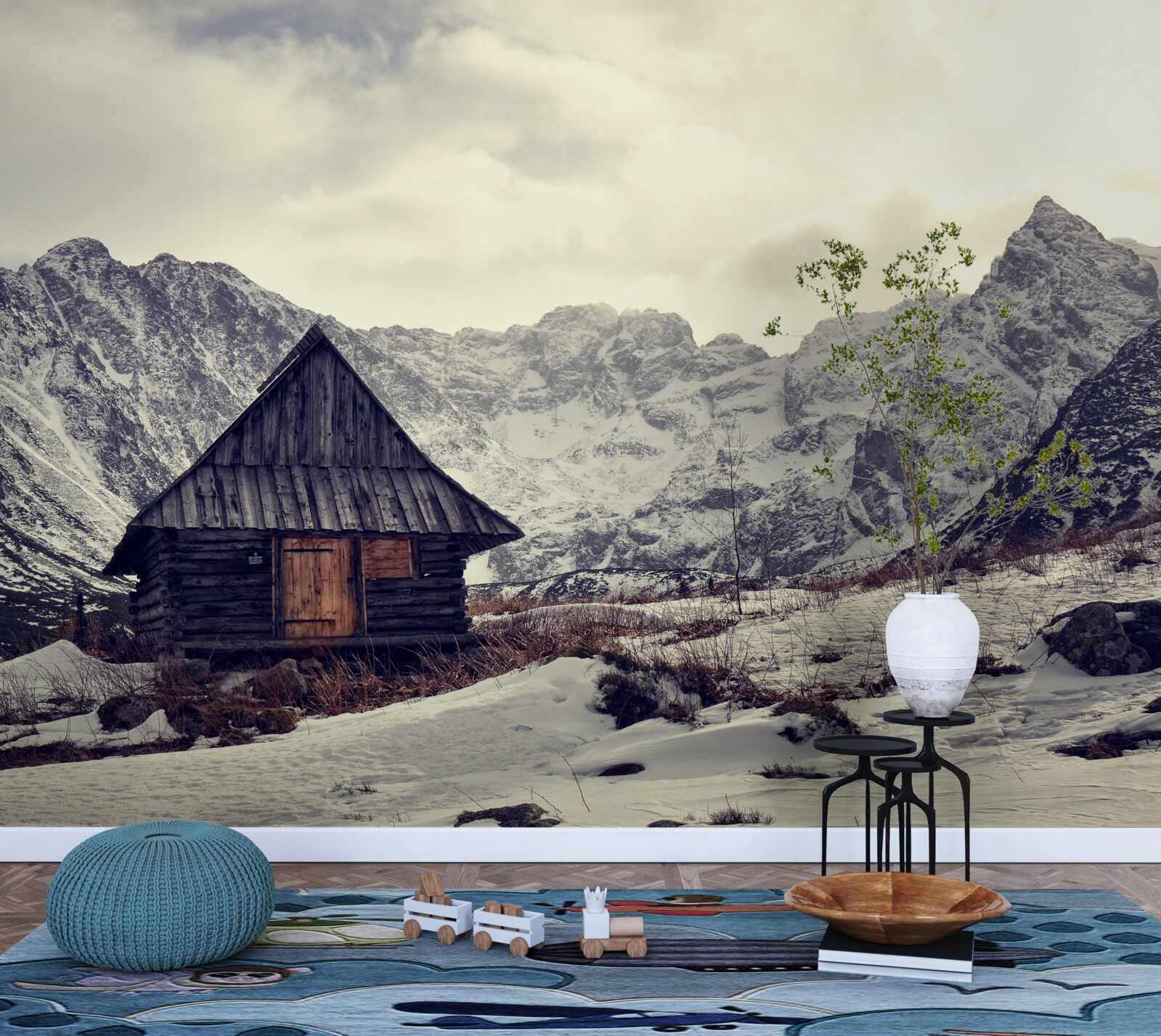 Fotobehang comfortabel huis te midden van ijzige bergen