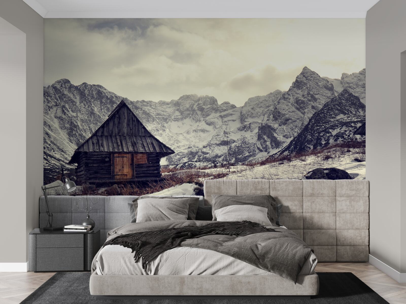 Fotobehang comfortabel huis te midden van ijzige bergen