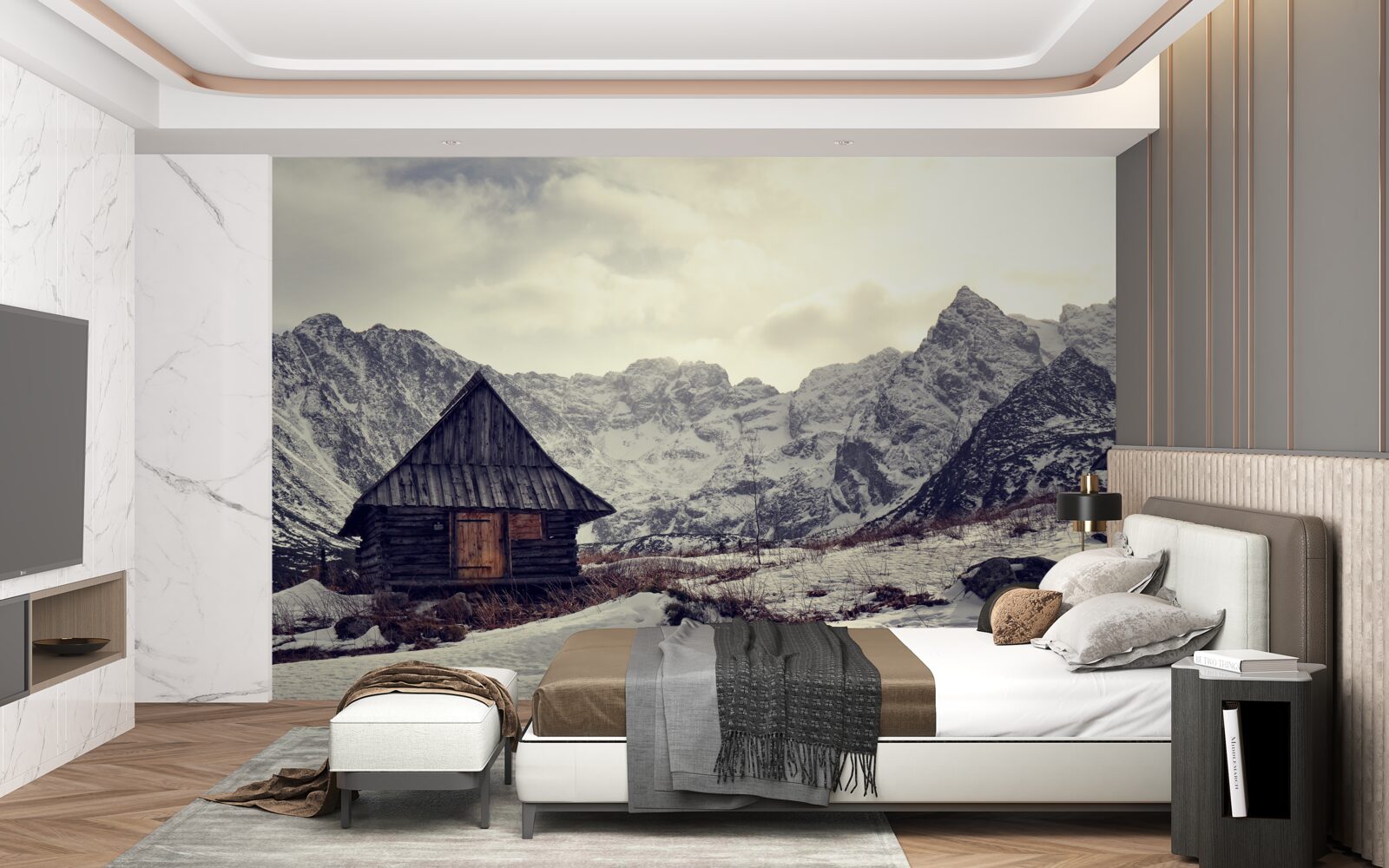 Fotobehang comfortabel huis te midden van ijzige bergen