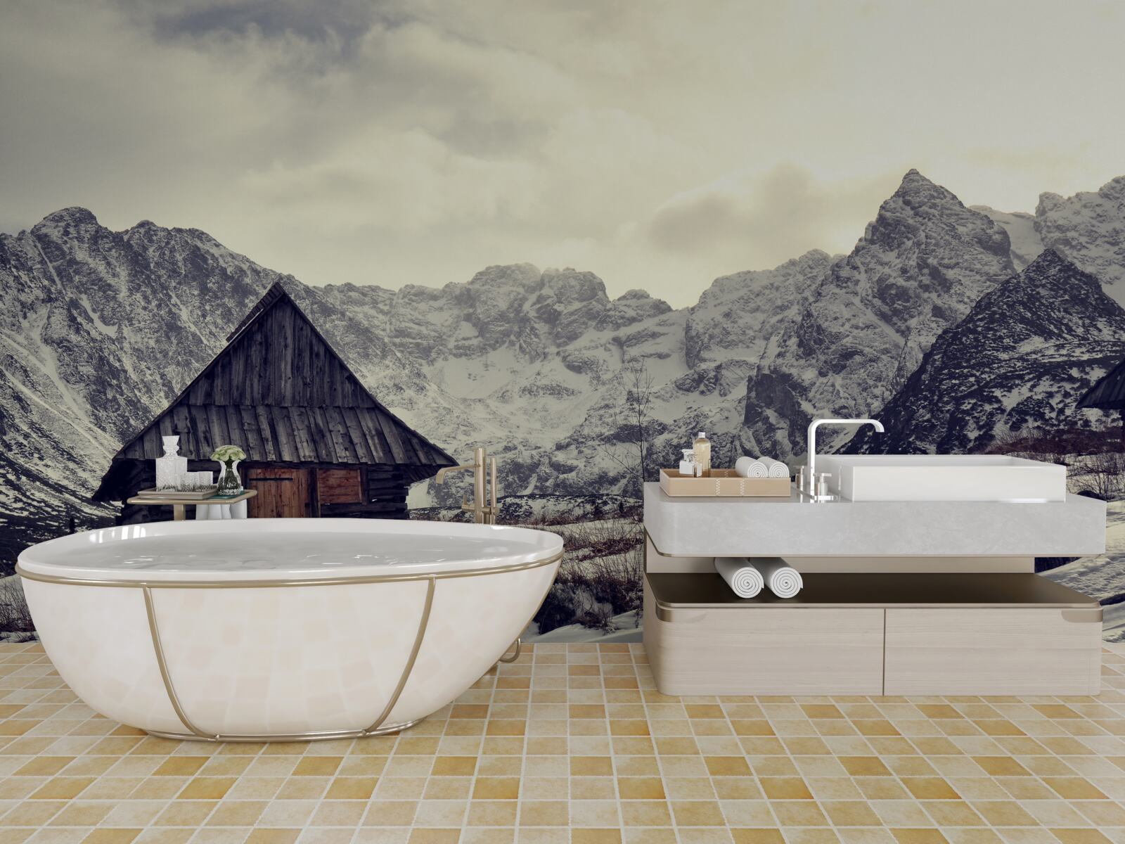 Fotobehang comfortabel huis te midden van ijzige bergen