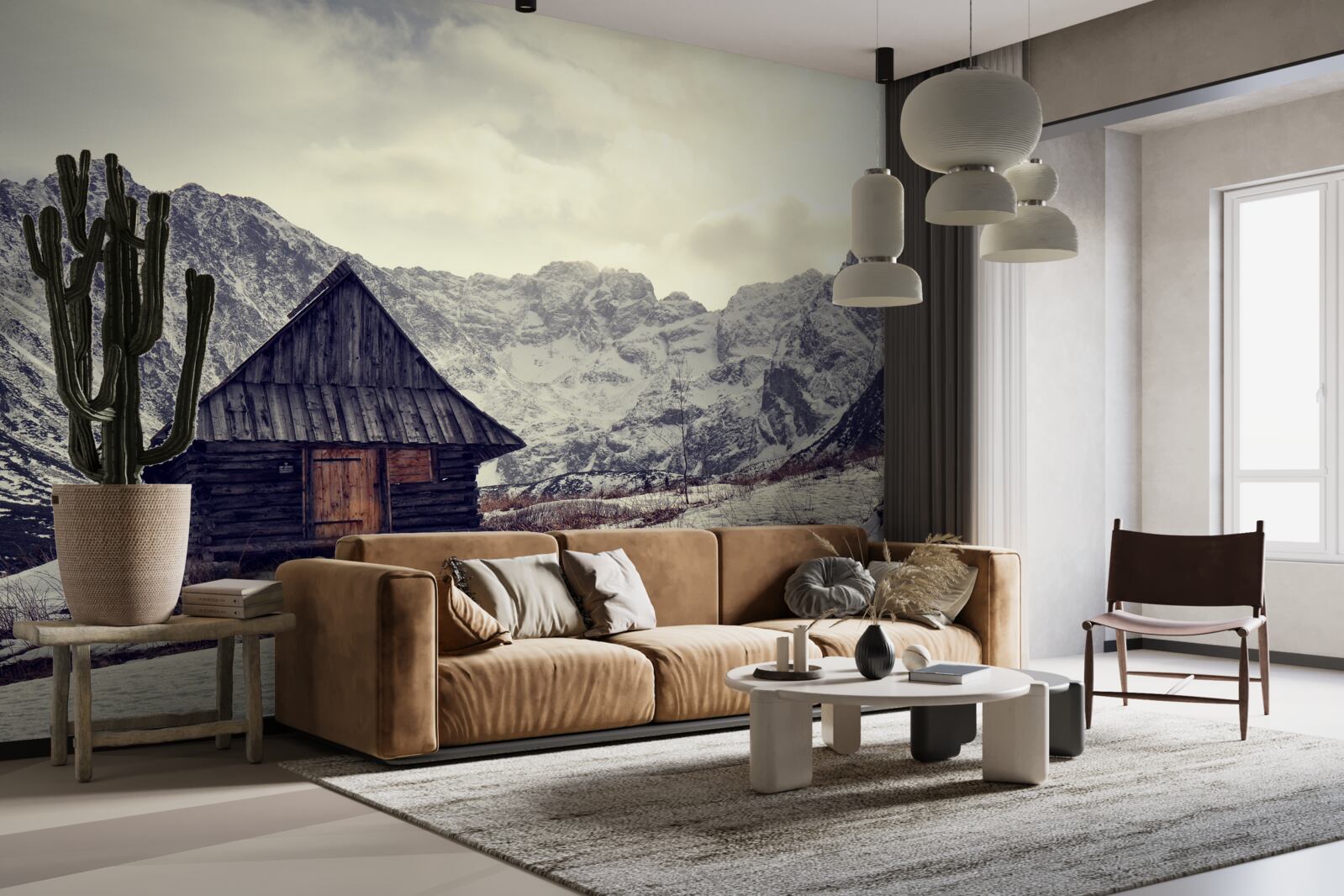 Fotobehang comfortabel huis te midden van ijzige bergen