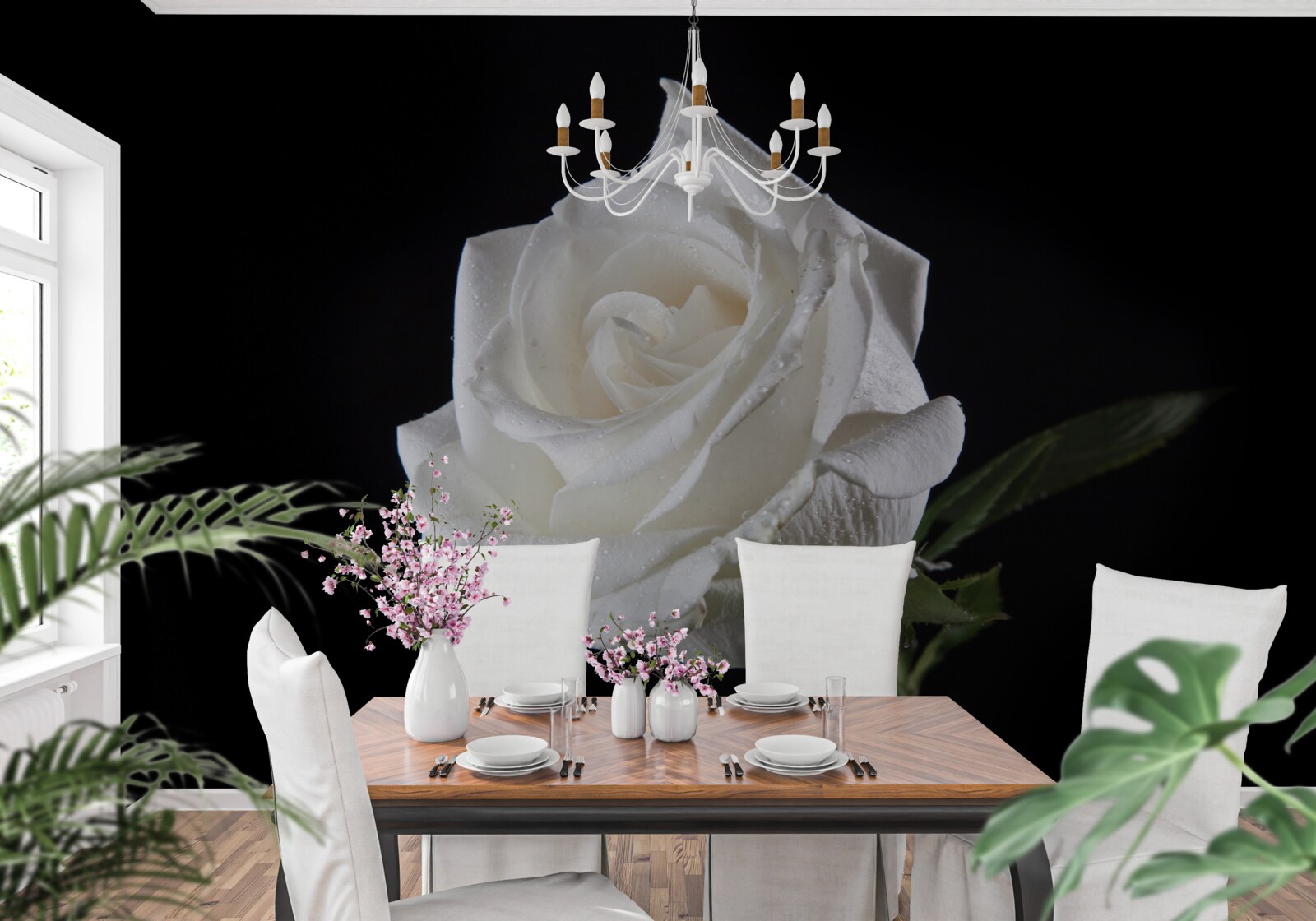 Fotobehang zwarte achtergrond benadrukt het wit van de roos