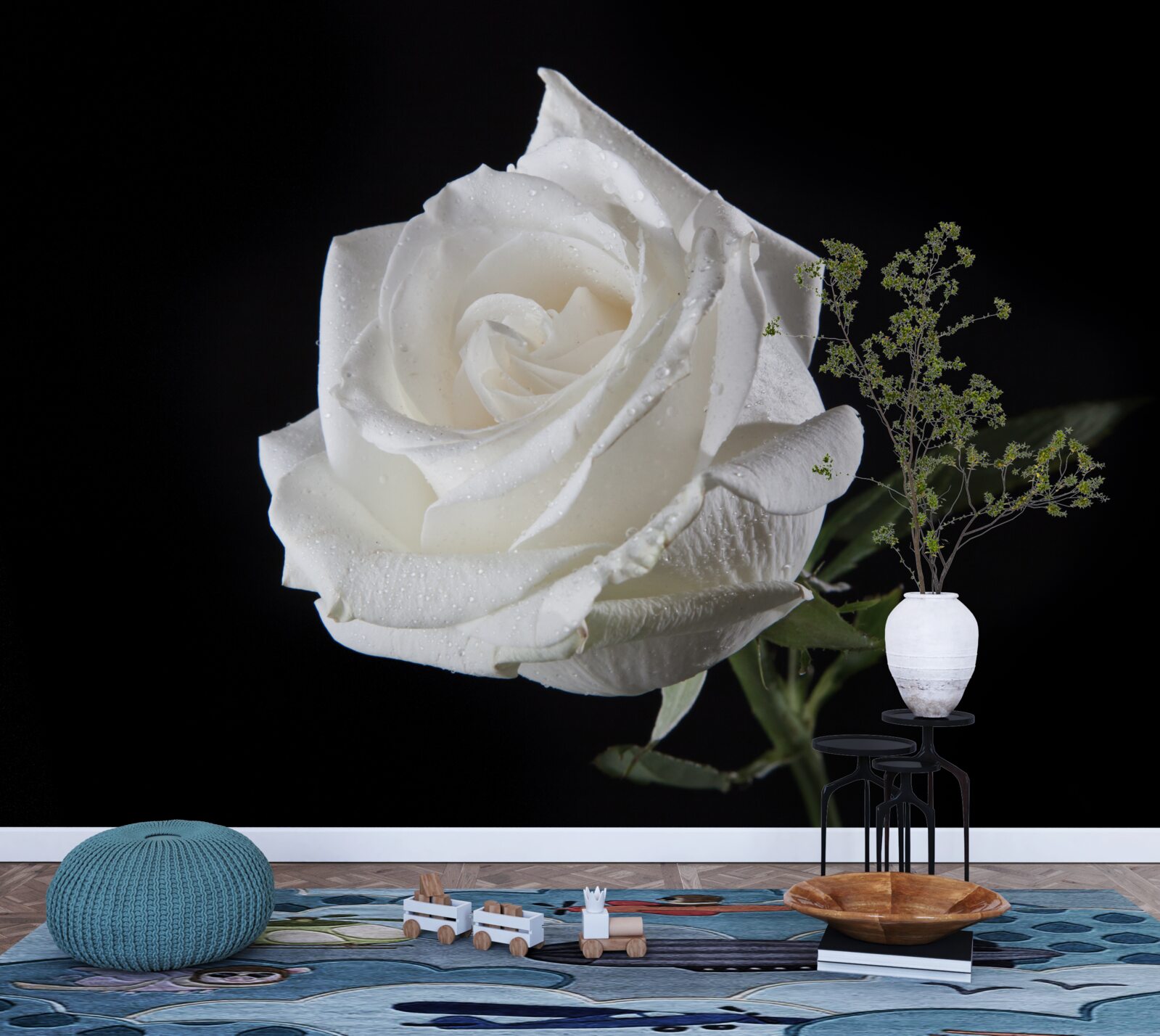 Fotobehang zwarte achtergrond benadrukt het wit van de roos