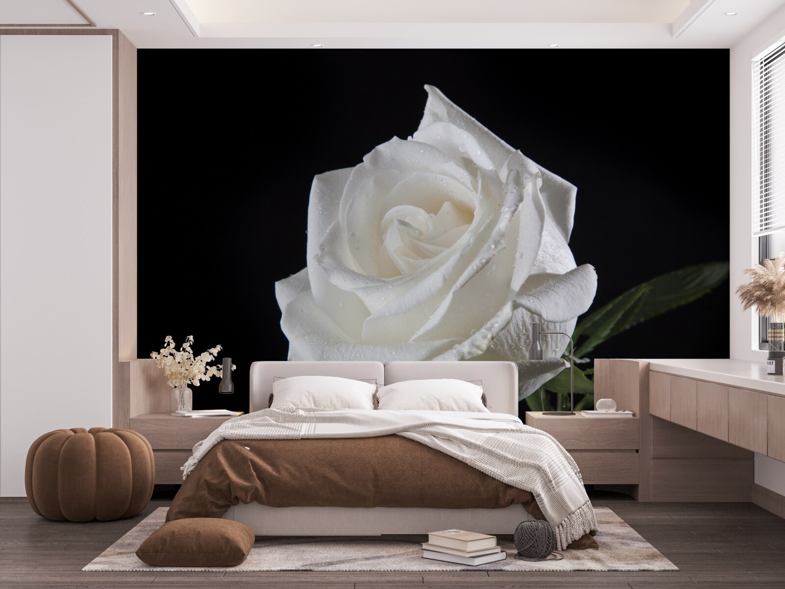 Fotobehang zwarte achtergrond benadrukt het wit van de roos