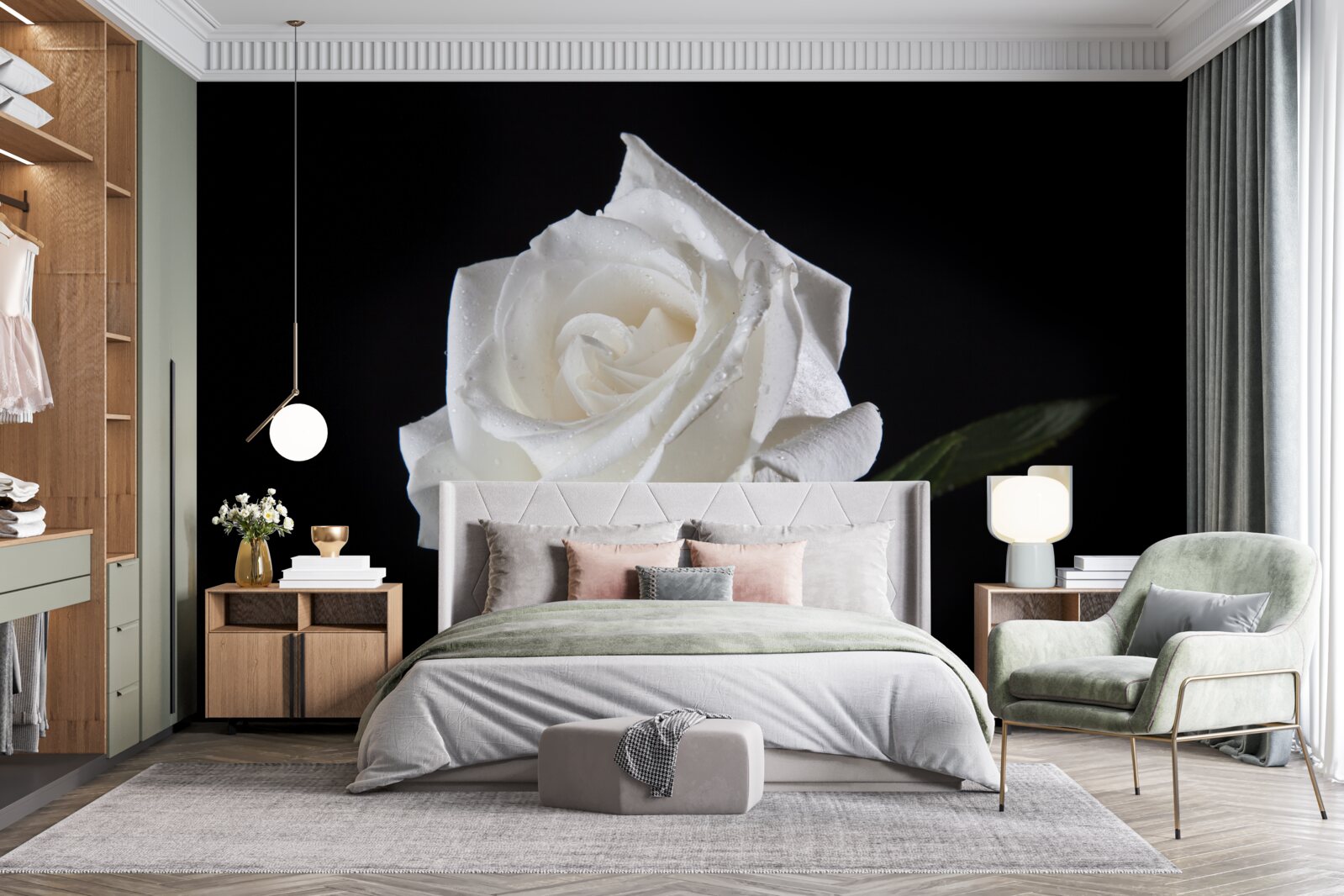 Fotobehang zwarte achtergrond benadrukt het wit van de roos