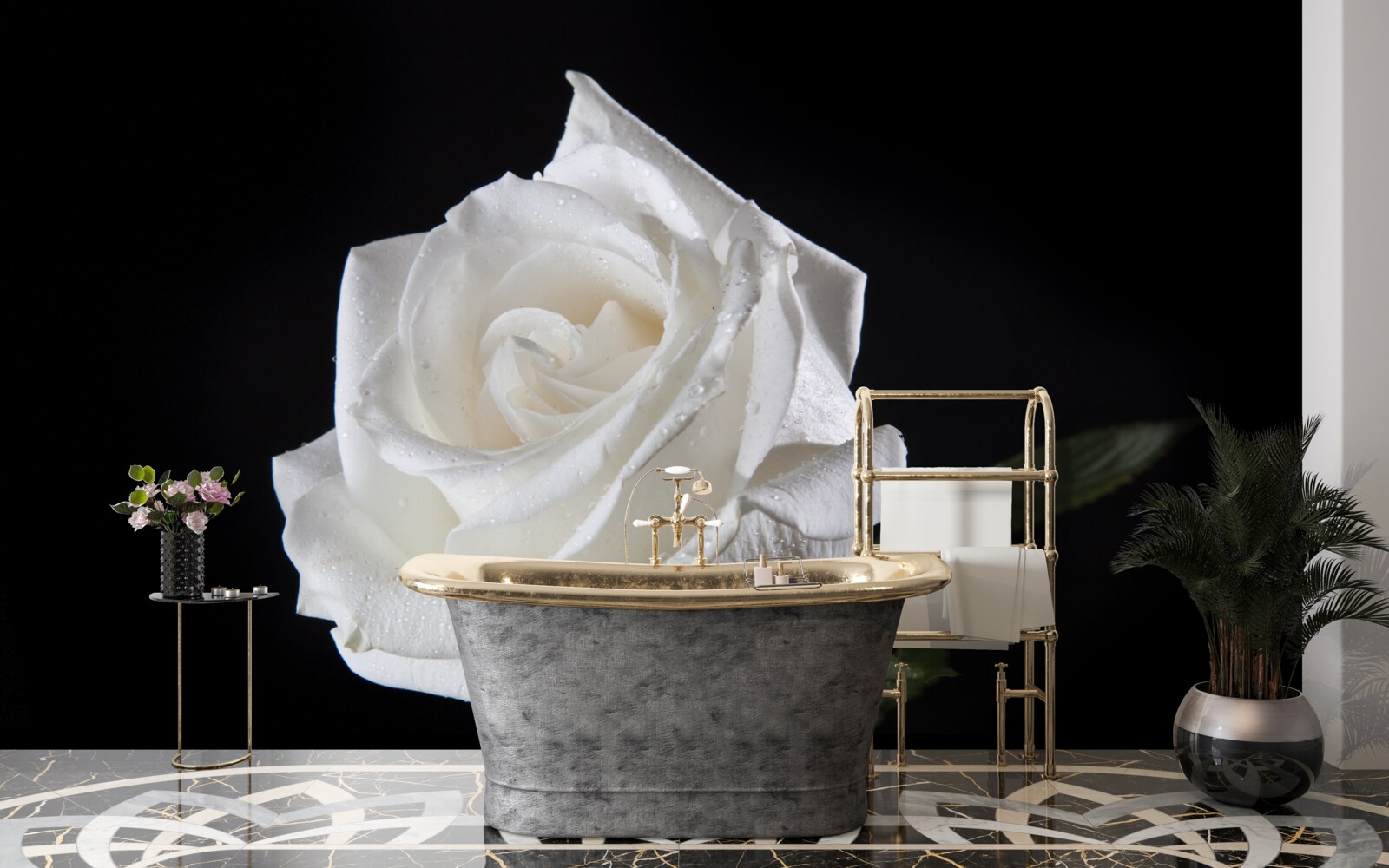 Fotobehang zwarte achtergrond benadrukt het wit van de roos