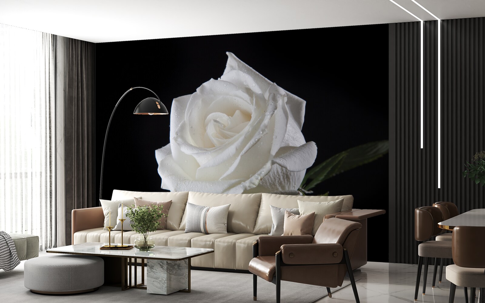 Fotobehang zwarte achtergrond benadrukt het wit van de roos