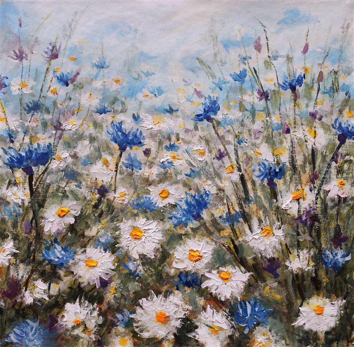 Fotobehang grazende margriet en blauwe knoppen