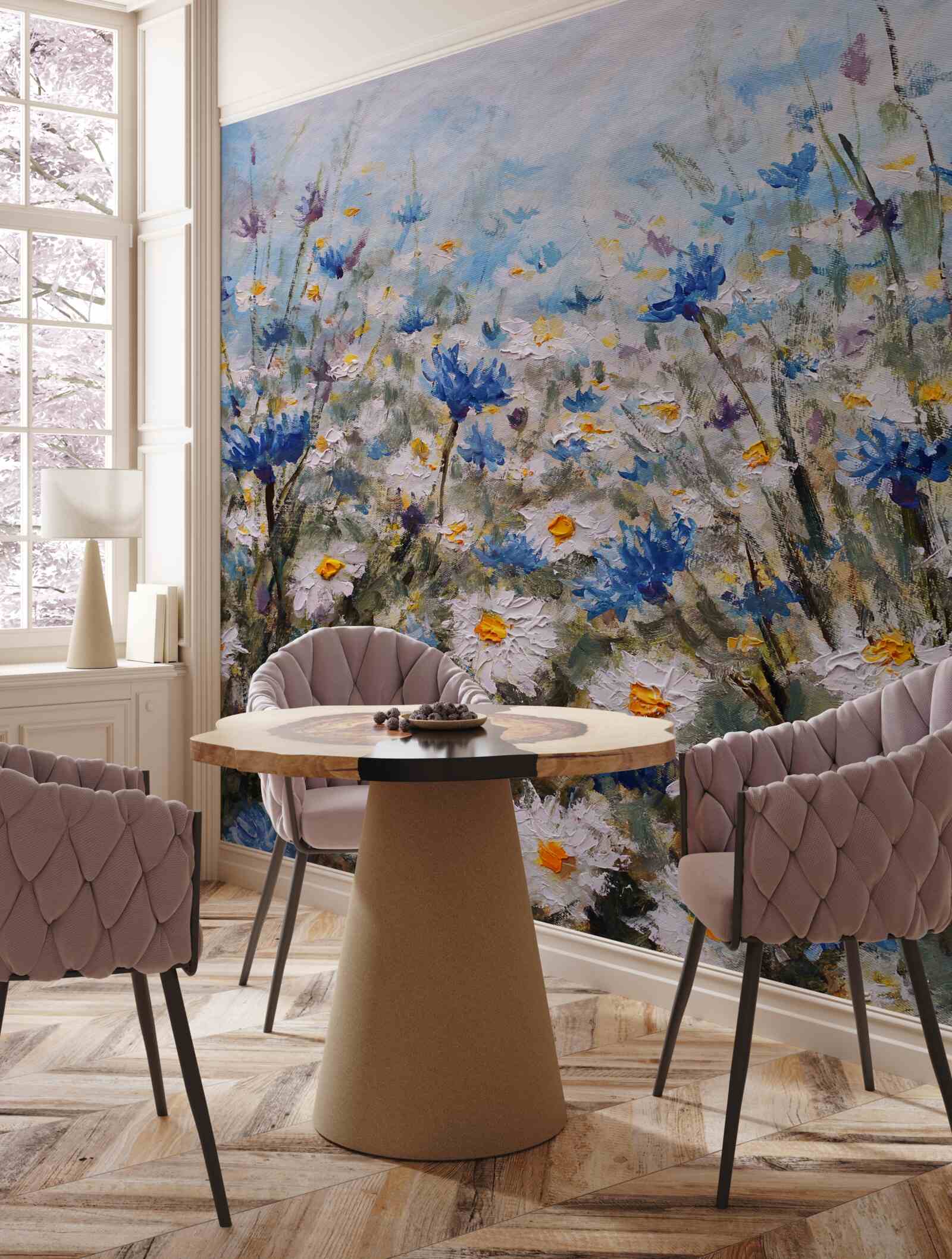 Fotobehang grazende margriet en blauwe knoppen