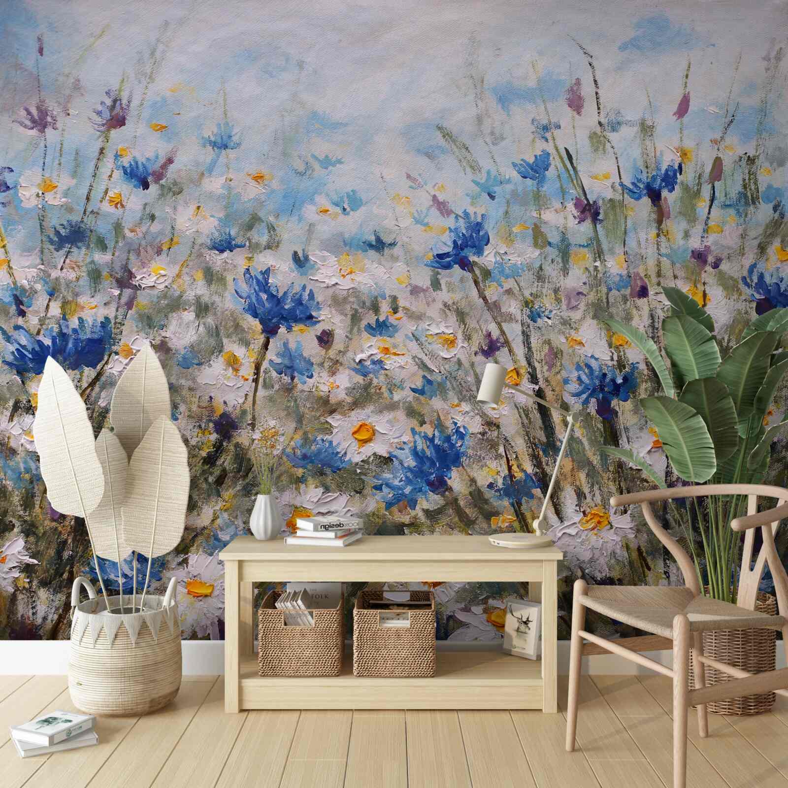 Fotobehang grazende margriet en blauwe knoppen