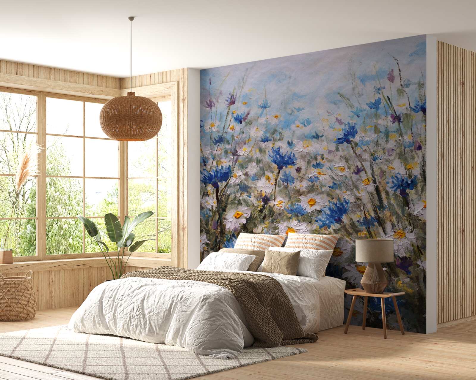 Fotobehang grazende margriet en blauwe knoppen