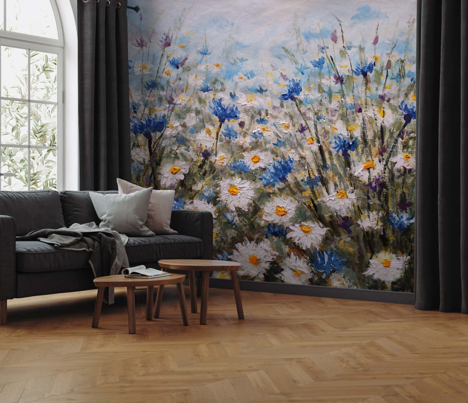 Fotobehang grazende margriet en blauwe knoppen