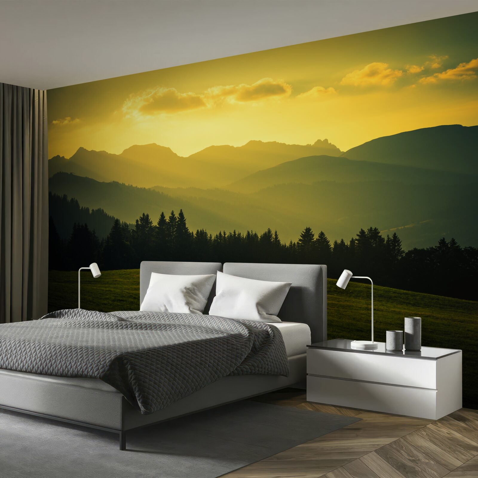 Fotobehang verbazingwekkende gele zonsondergang in een rokerig bergbos