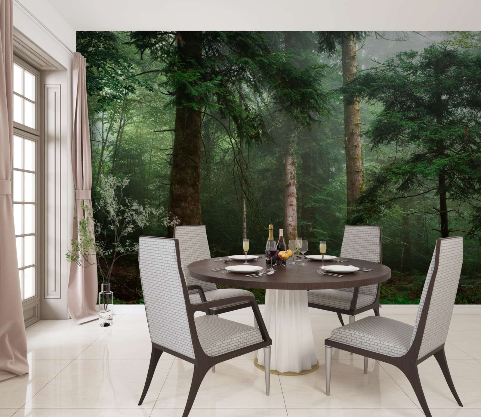 Fotobehang het oude naaldbos is gehuld in een dichte mist