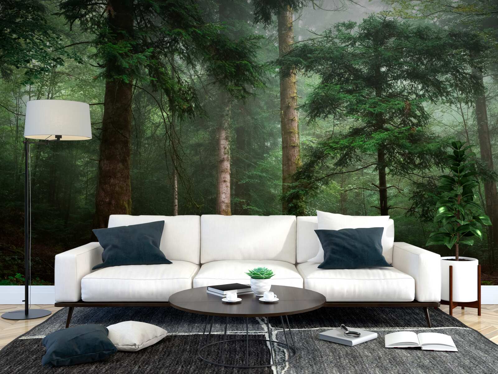 Fotobehang het oude naaldbos is gehuld in een dichte mist