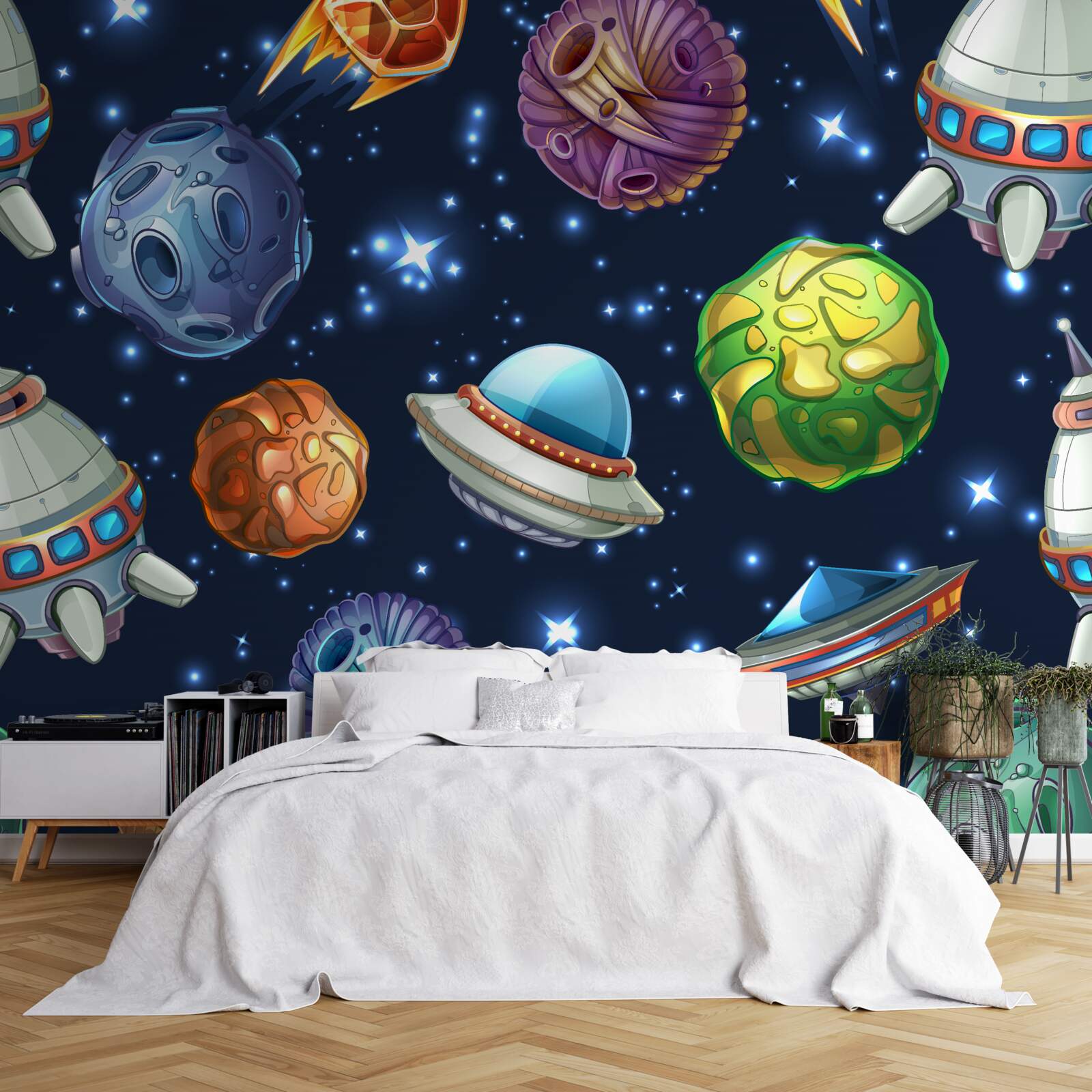 Fotobehang ruimtevaartapparatuur en kometen in het heelal