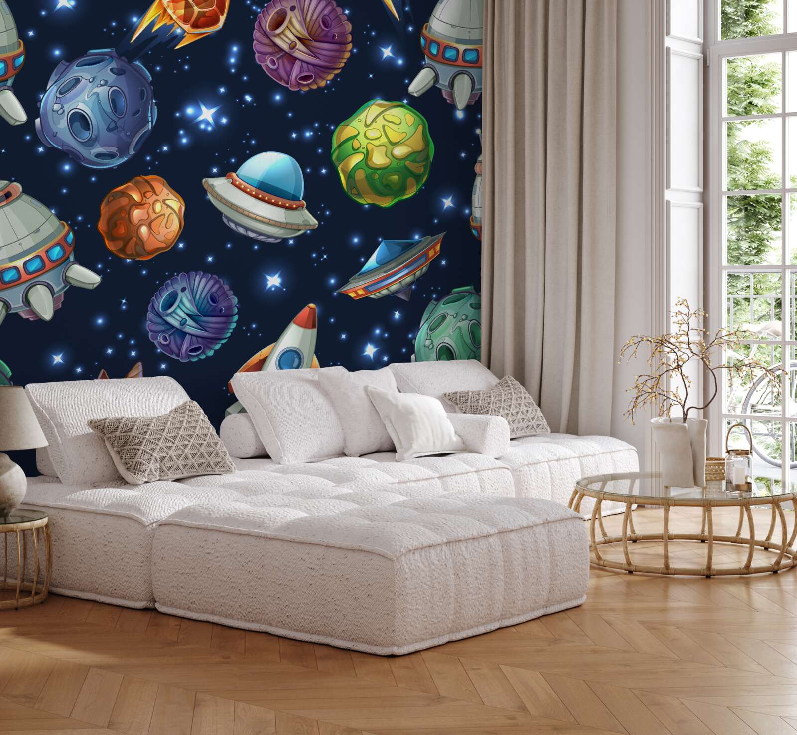 Fotobehang ruimtevaartapparatuur en kometen in het heelal