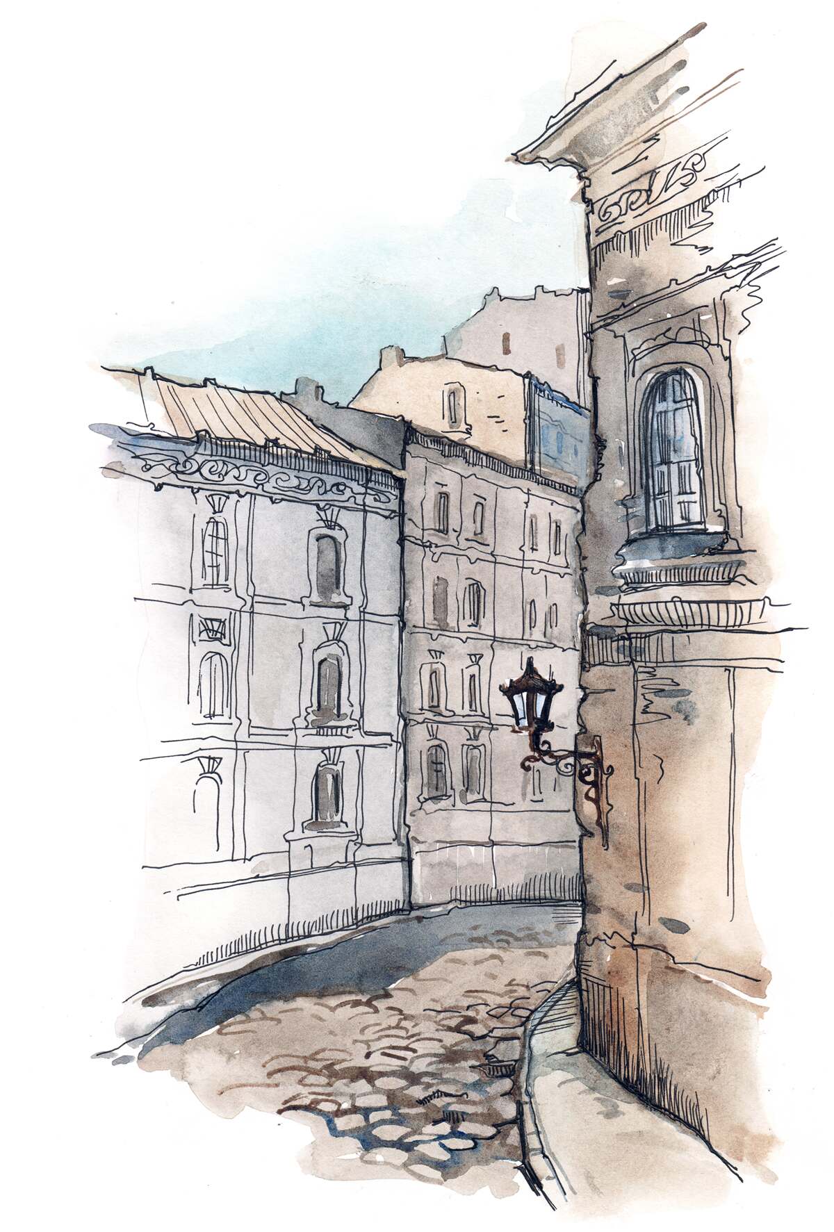 Fotobehang een rustige straat geweven in potlood