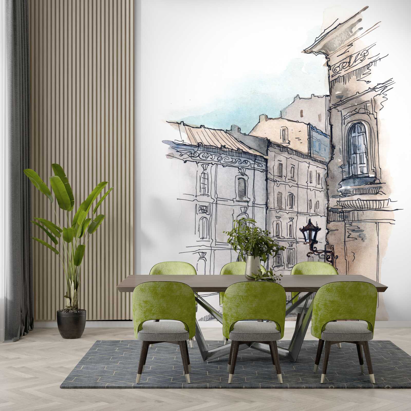 Fotobehang een rustige straat geweven in potlood