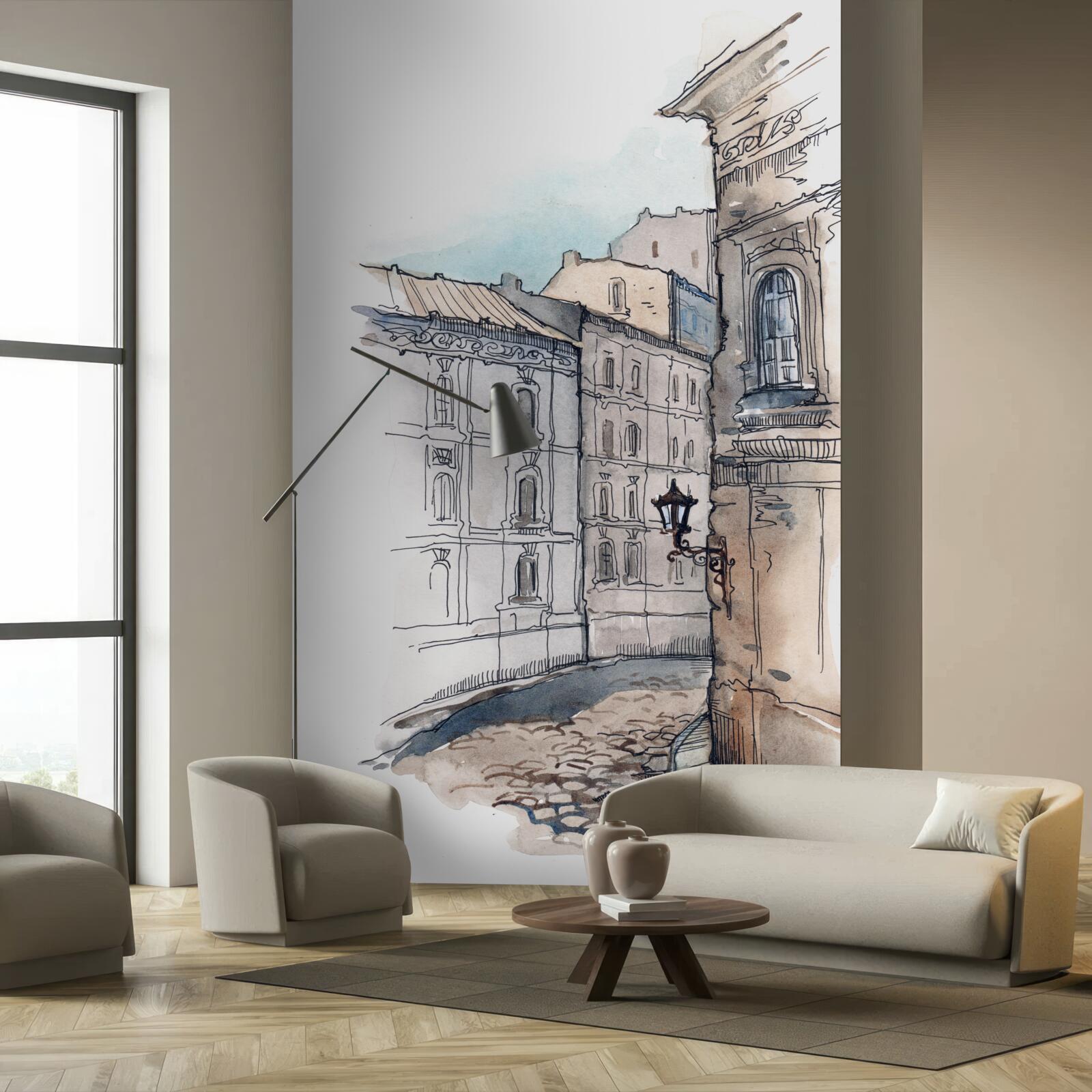 Fotobehang een rustige straat geweven in potlood