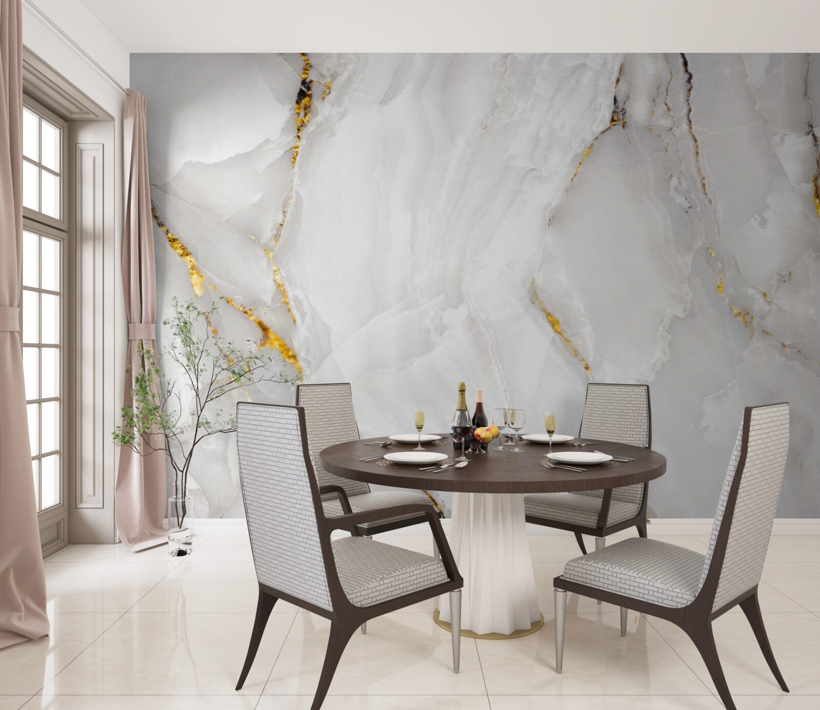 Fotobehang marmer in grijs- en wittinten met gouden elementen