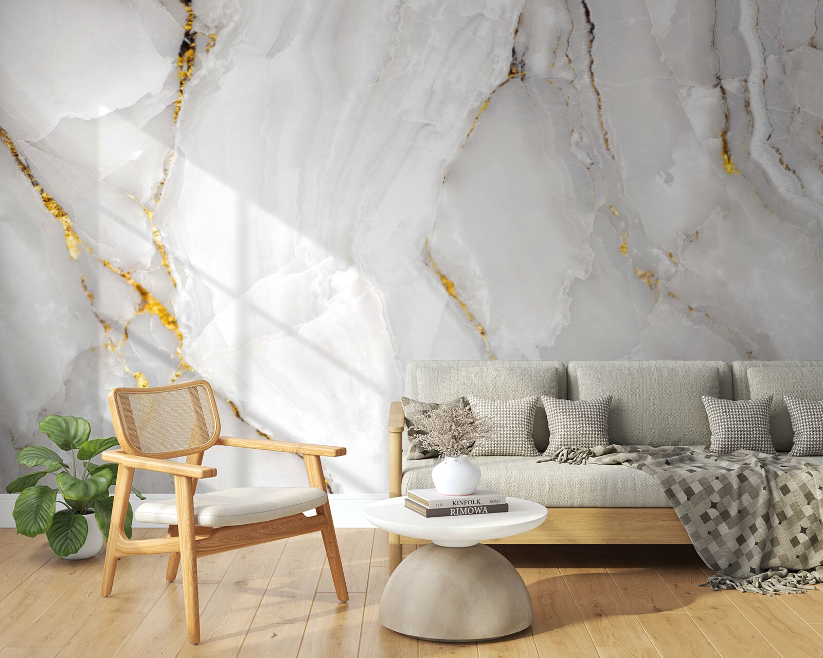 Fotobehang marmer in grijs- en wittinten met gouden elementen