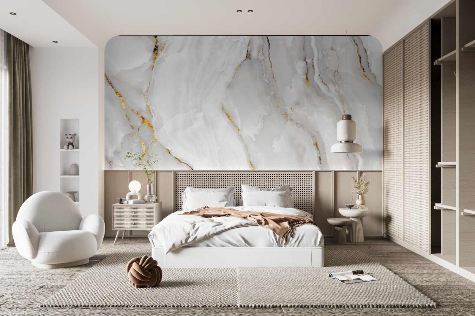 Fotobehang marmer in grijs- en wittinten met gouden elementen