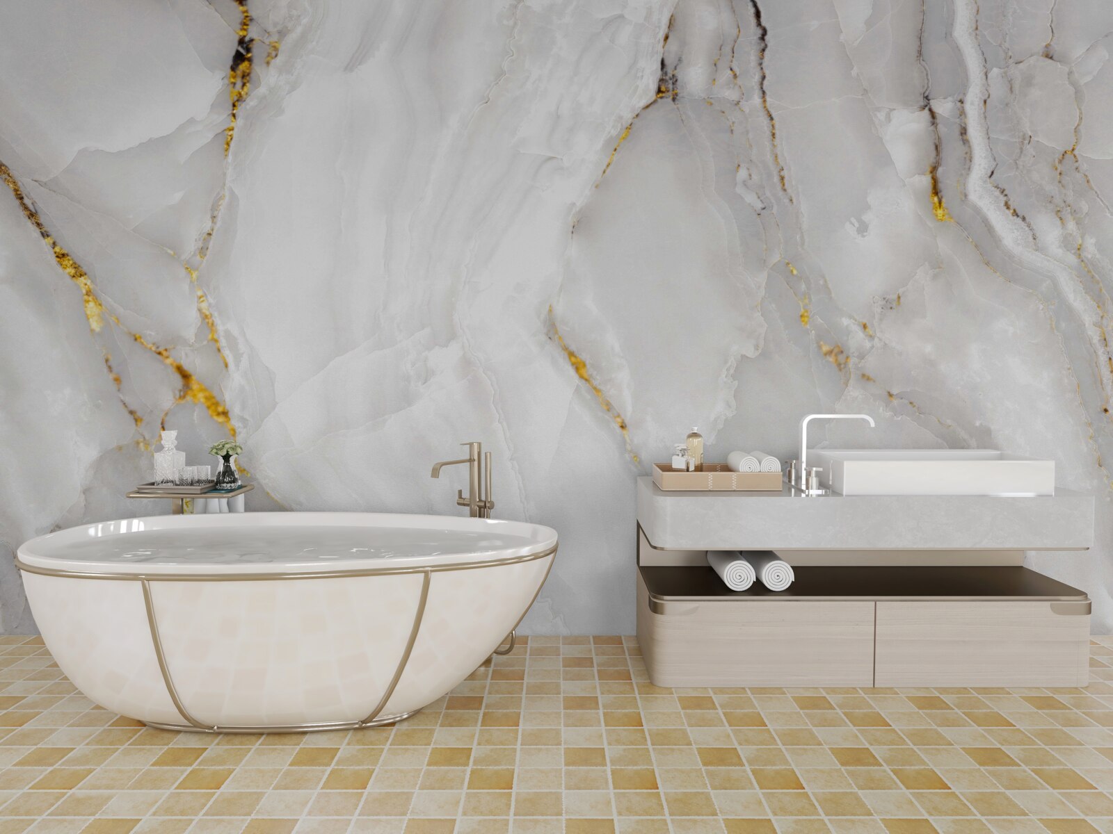 Fotobehang marmer in grijs- en wittinten met gouden elementen