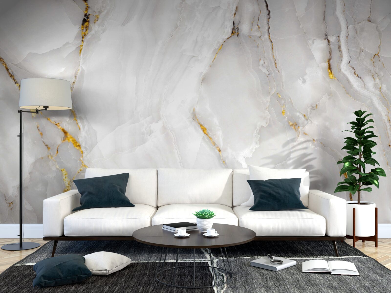 Fotobehang marmer in grijs- en wittinten met gouden elementen