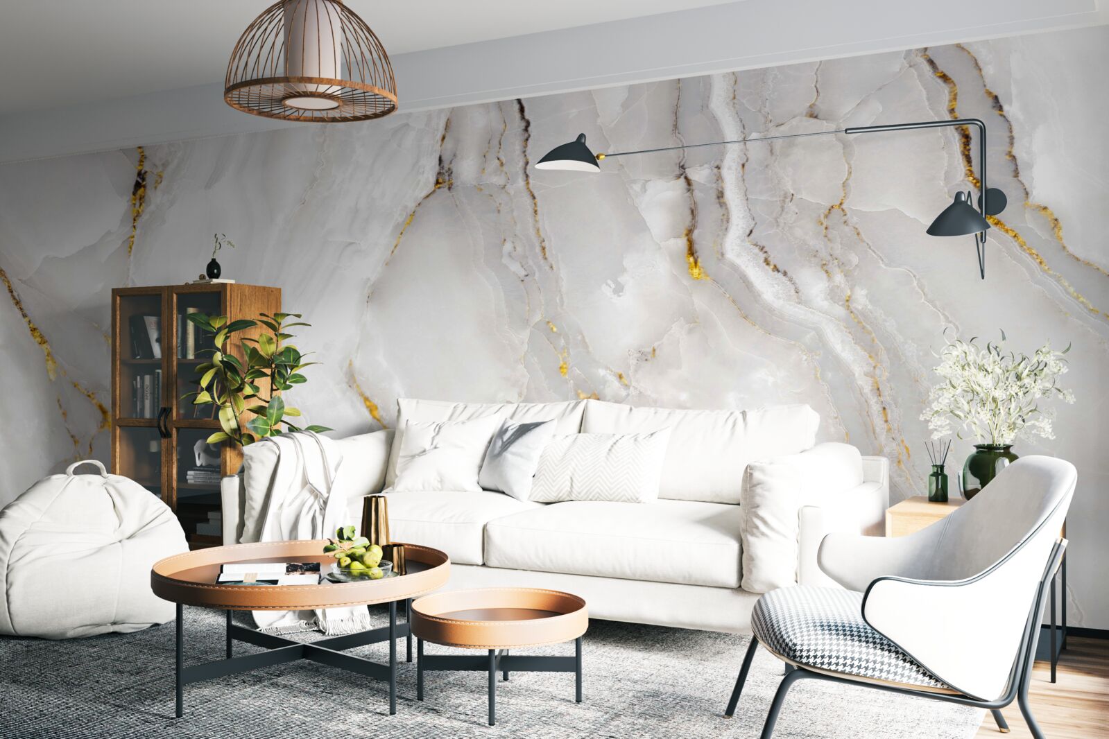 Fotobehang marmer in grijs- en wittinten met gouden elementen