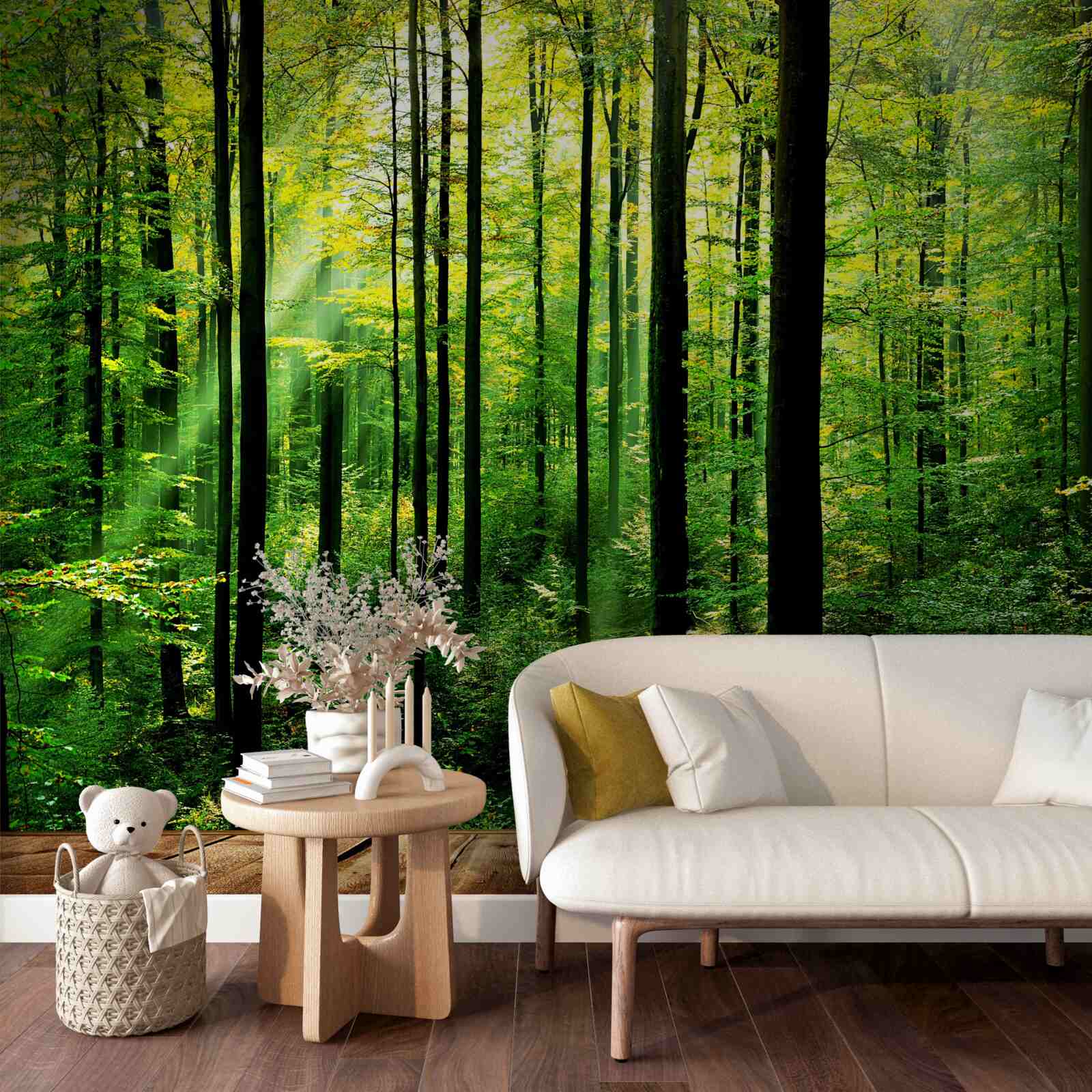 Fotobehang terras met toegang tot een pijnboombos