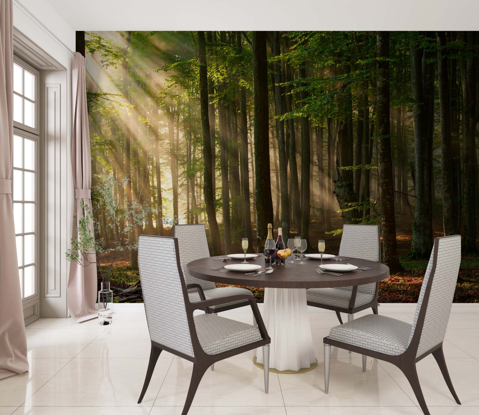 Fotobehang Zonneschijn verjaagt de kilte uit het bos na een avondje stappen