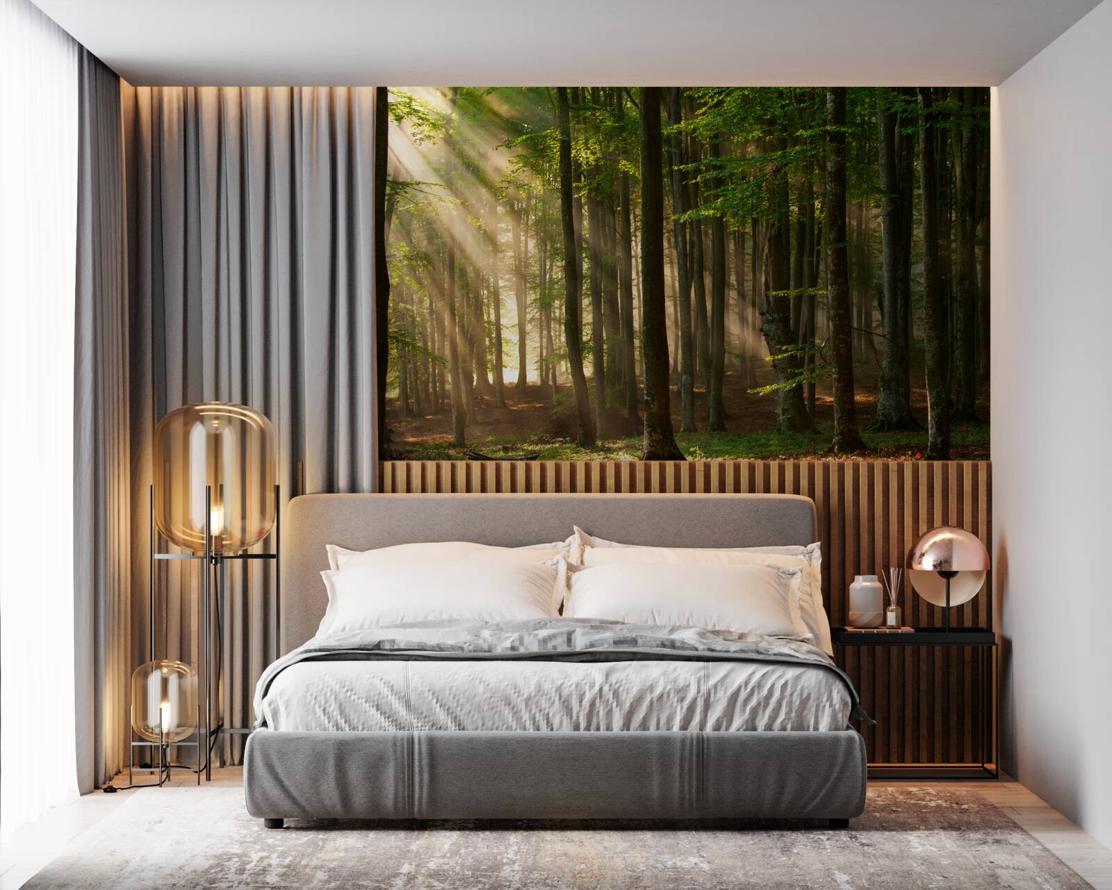 Fotobehang Zonneschijn verjaagt de kilte uit het bos na een avondje stappen