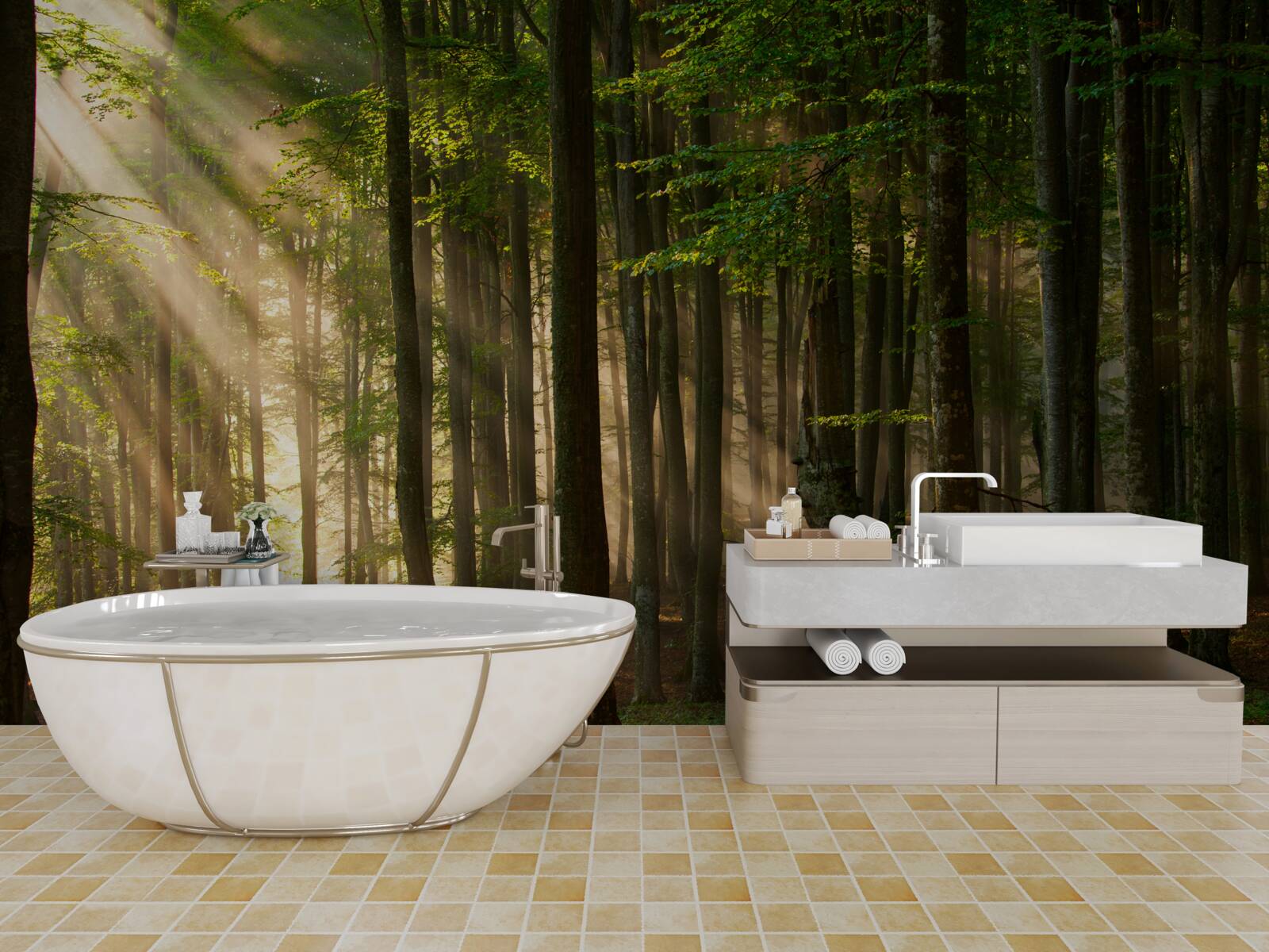 Fotobehang Zonneschijn verjaagt de kilte uit het bos na een avondje stappen