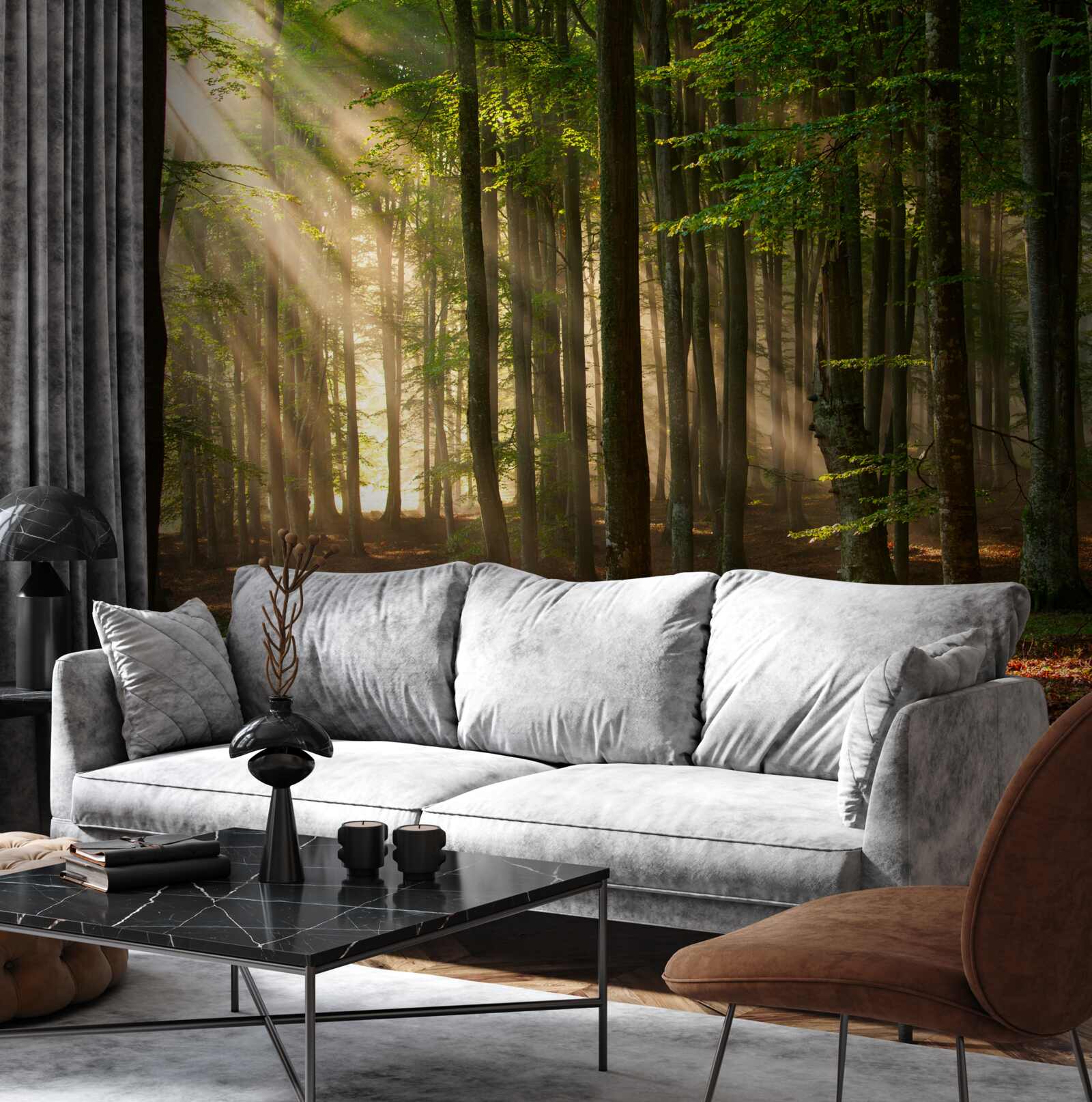 Fotobehang Zonneschijn verjaagt de kilte uit het bos na een avondje stappen