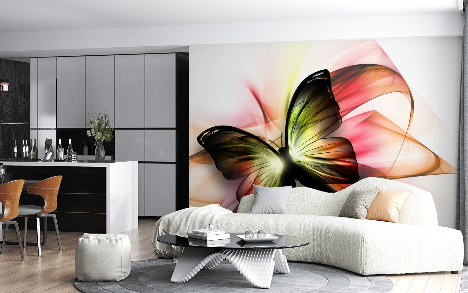 Fotobehang een mooie vlinder die sierlijk door de lucht zweeft