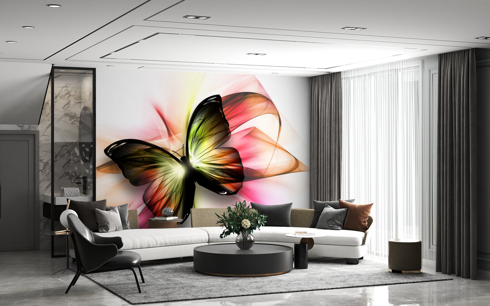 Fotobehang een mooie vlinder die sierlijk door de lucht zweeft