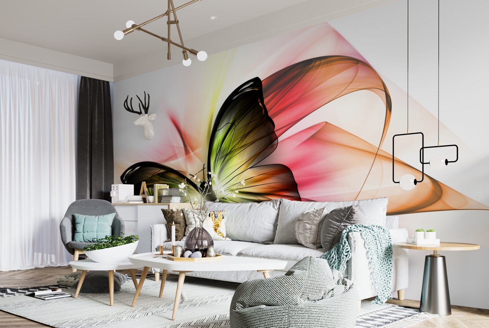 Fotobehang een mooie vlinder die sierlijk door de lucht zweeft