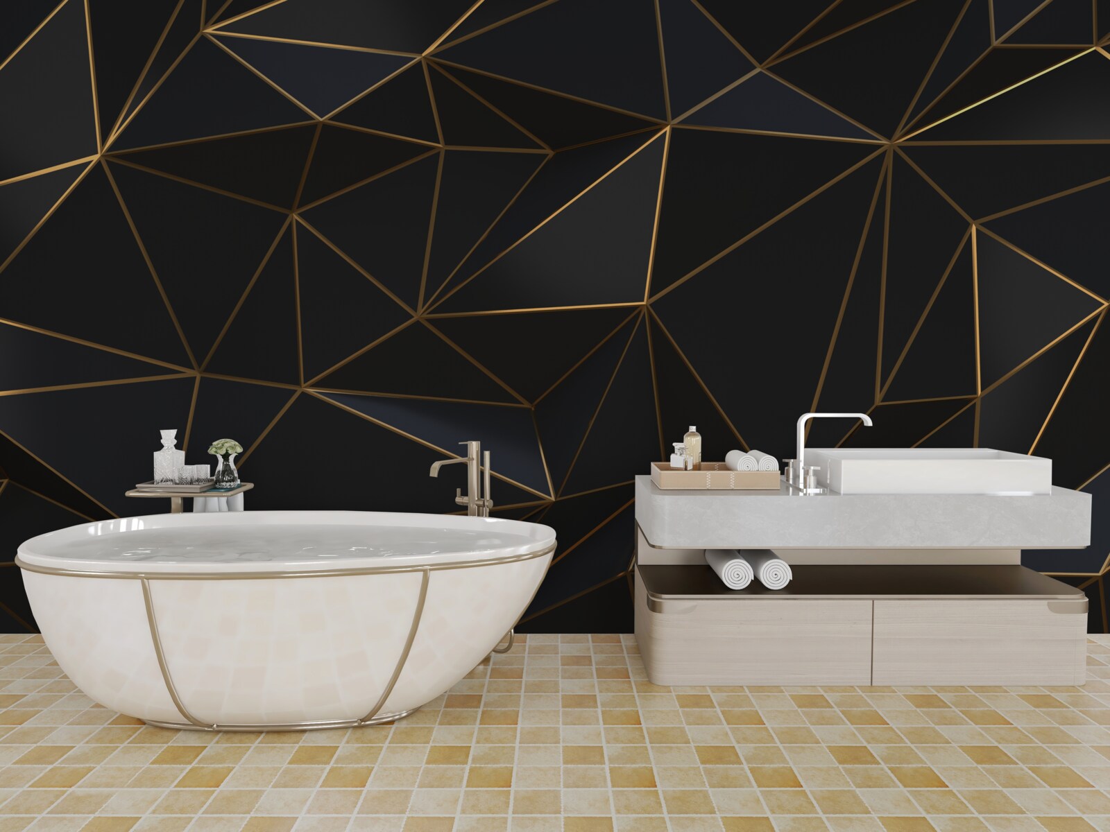 Fotobehang driehoeken en diamanten gezet in goud