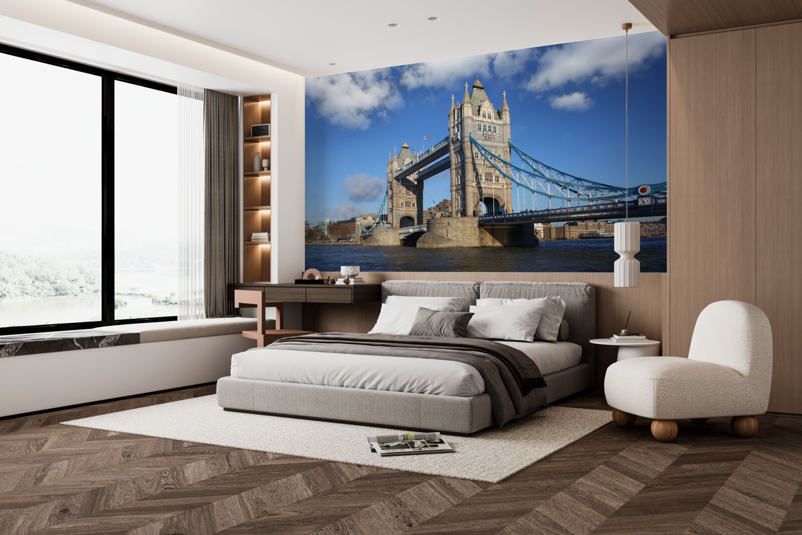 Fotobehang torenbrug die zich uitstrekt over het kalme oppervlak van de rivier