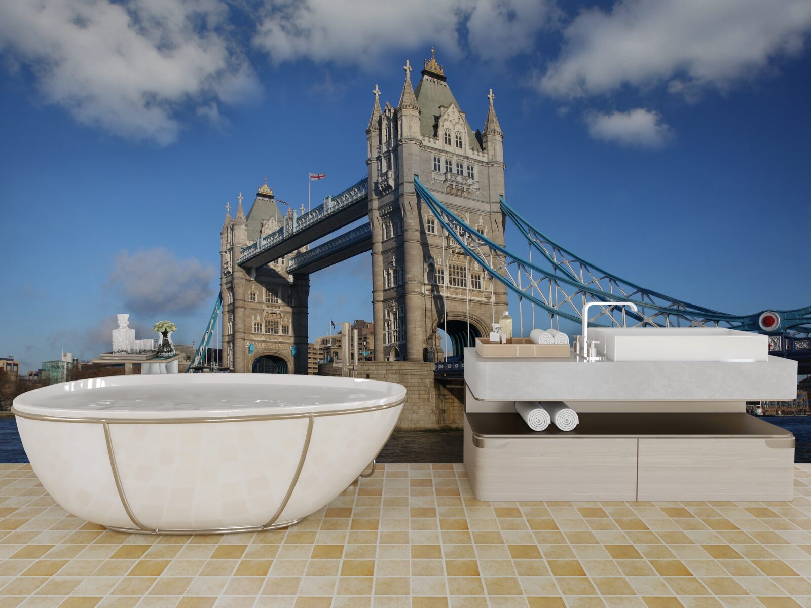 Fotobehang torenbrug die zich uitstrekt over het kalme oppervlak van de rivier