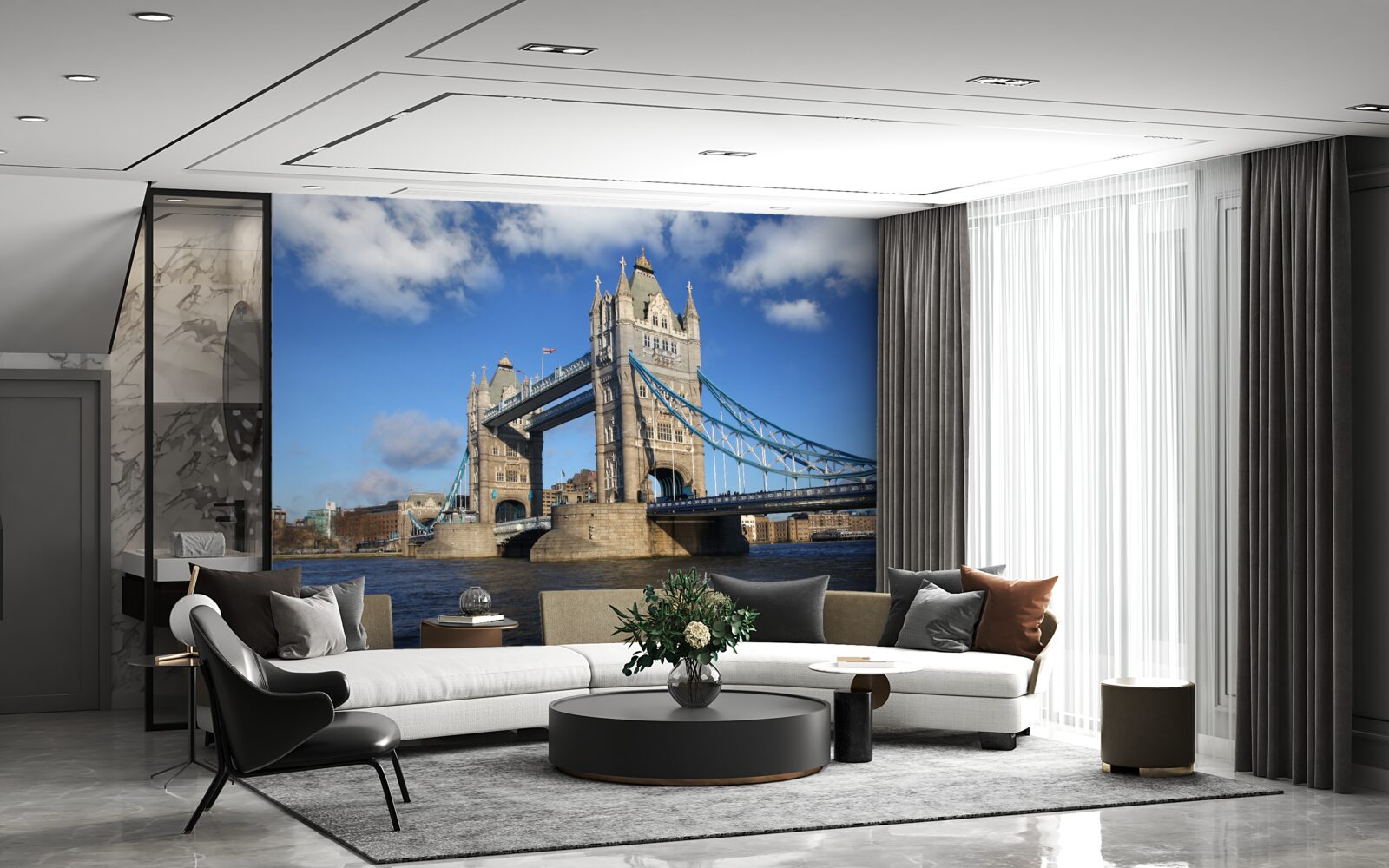 Fotobehang torenbrug die zich uitstrekt over het kalme oppervlak van de rivier