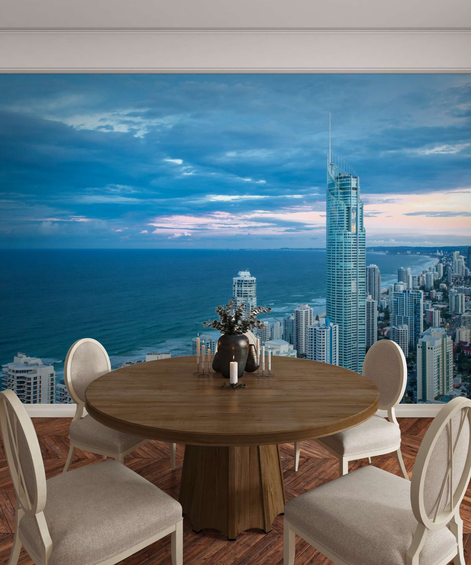 Fotobehang gigantische stad aan de kust