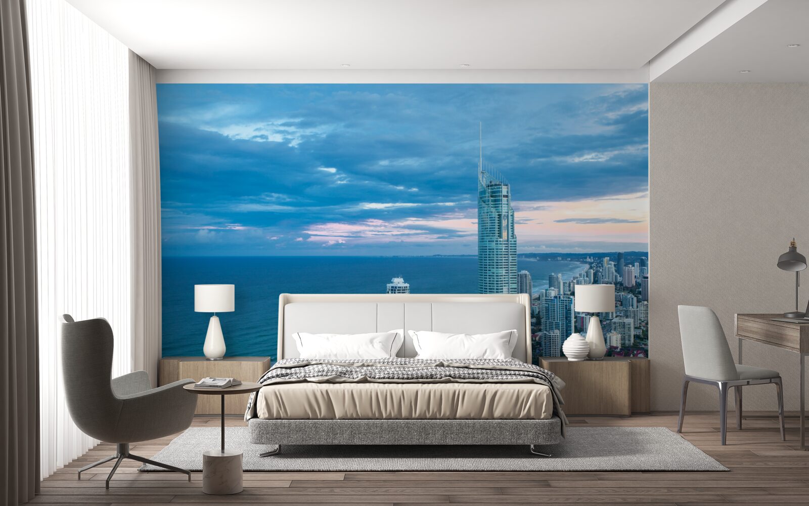 Fotobehang gigantische stad aan de kust